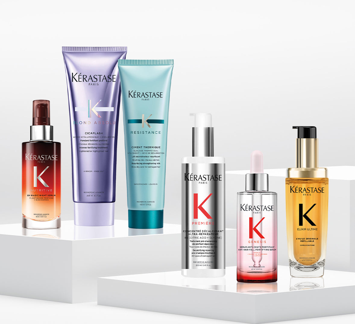 Kérastase hårplejeprodukter fra serierne Nutritive, Blond Absolu, Résistance, Première, Genesis og Elixir Ultime.